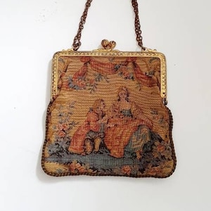 Antique bag, Edwardian bag, tapestry bag, decorative brass frame, 1910's. Made in France