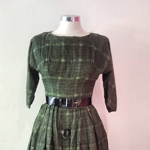 1950s Forest Green Wool Dress: Black Crosshatch, Vinyl Belt, Size 8