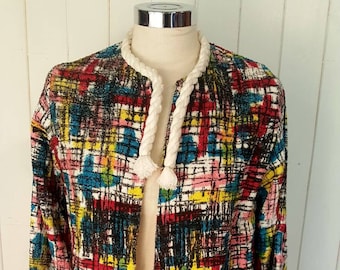 Beach robe, 1950&#39;s vintage towelling beach cover up, crosshatch graphic retro pattern, colourful,  size 10-12