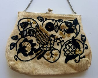 Folksy, vintage evening bag, 1950's, embroidered, fifties, black, cream gold,