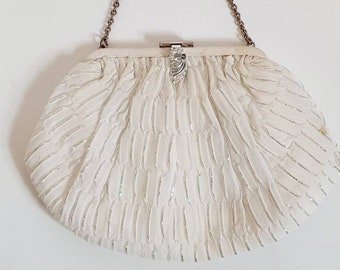 Vintage wedding bag, ivory and silver metallic thread, 1950's, fifties style