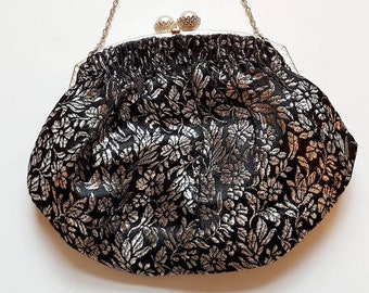 1930&#39;s black and silver brocade evening bag, made in France, immaculate