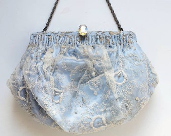 Thirties blue evening bag, vintage lace bag, baby blue, large diamante clasp 1930's