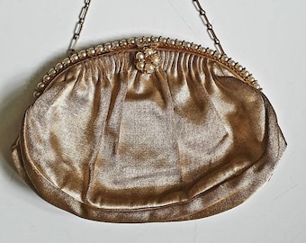 Gold evening bag, made in France, 1950's, vintage bag, pearlised bead clasp, brass frame. Retro Accessories,