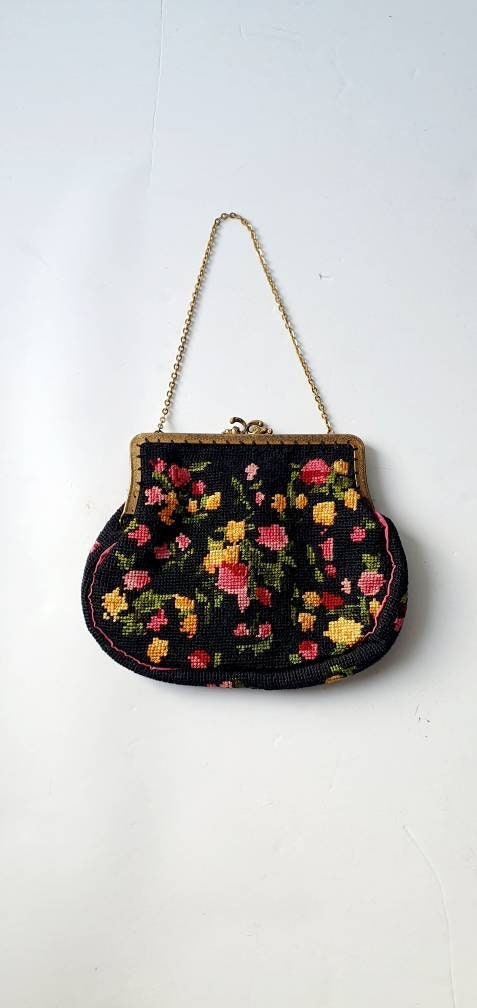 Floral Antique Needlepoint Bag, 1920's Unusual Barrel Clasp, Great