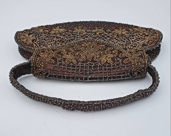 Vintage beaded Bag, French, 1940's, brown, bronze… - image 3