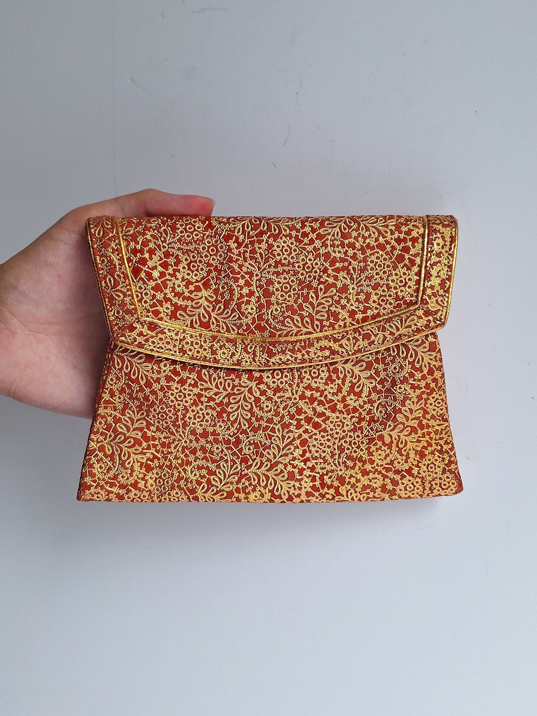 Art Deco red and gold leather clutch bag, floral pattern, vintage bag, hand strap, 1930’s, thirties fashion