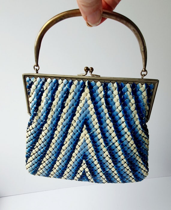 Art Deco vintage bag, blue and white enamel mesh,… - image 8