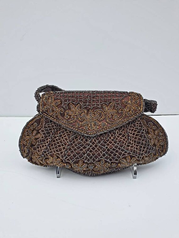 Vintage beaded Bag, French, 1940's, brown, bronze… - image 2