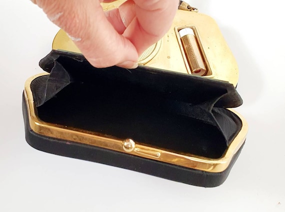 Vintage Compact Purse 1950 s Minaudiere Bag Black Filigree Pattern Brass Frame Mirror Lipstick Powder Box Bag Vintage Bag Etsy UK