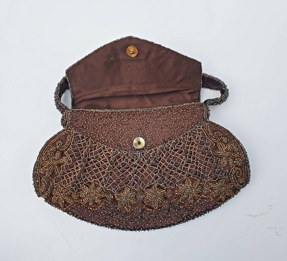 Vintage beaded Bag, French, 1940's, brown, bronze… - image 8