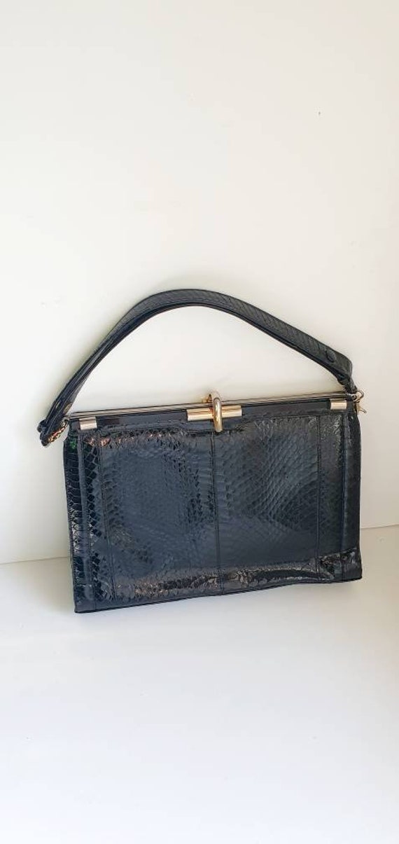 1930's black day bag, snakeskin, original mirror.… - image 7