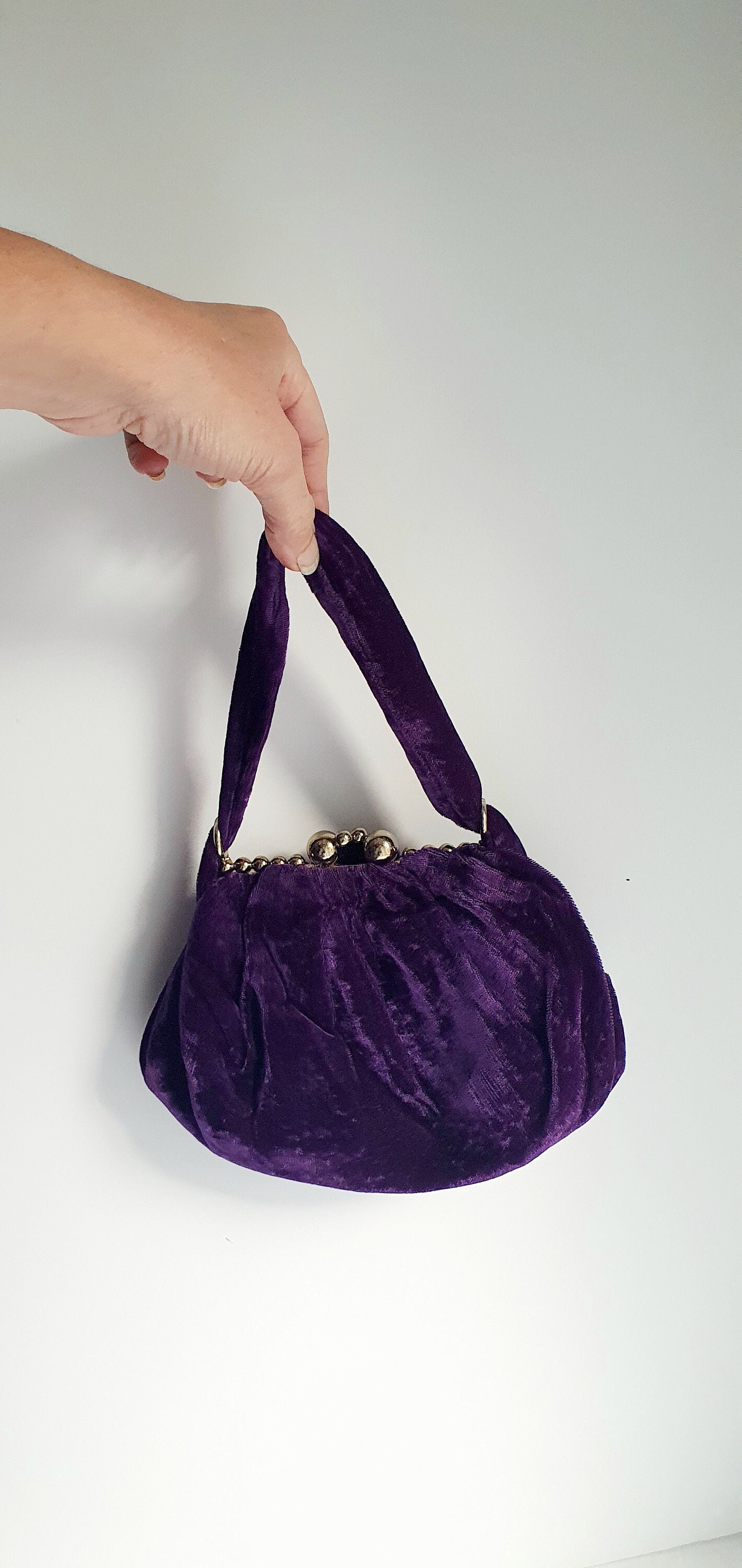 Vintage Small Black Velvet Purse Evening Bag Handbag w/ Lucite Clasp & 2  Handles