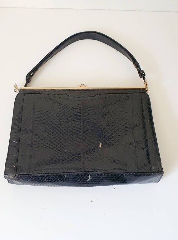 1930's black day bag, snakeskin, original mirror.… - image 2