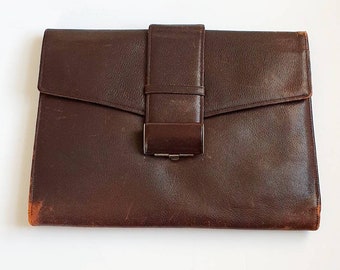 Large brown leather clutch bag, vintage 1930's bag, unusual