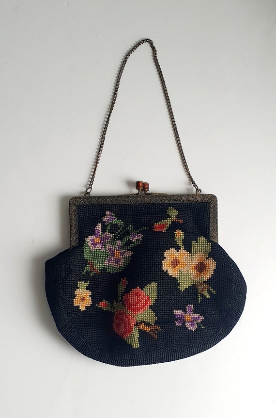 Floral Antique Needlepoint Bag, 1920's Unusual Barrel Clasp, Great