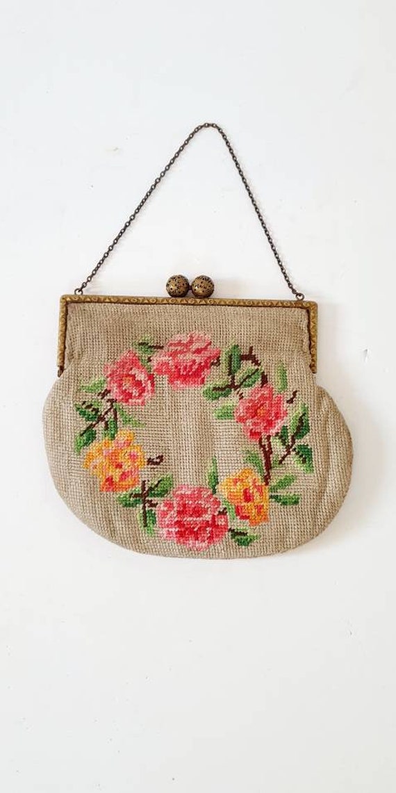 Edwardian, vintage bag, floral, tapestry, Art nouv