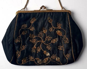 Antique 1920's bag, black and gold, floral embroidery and sequins, evening bag, very good condition