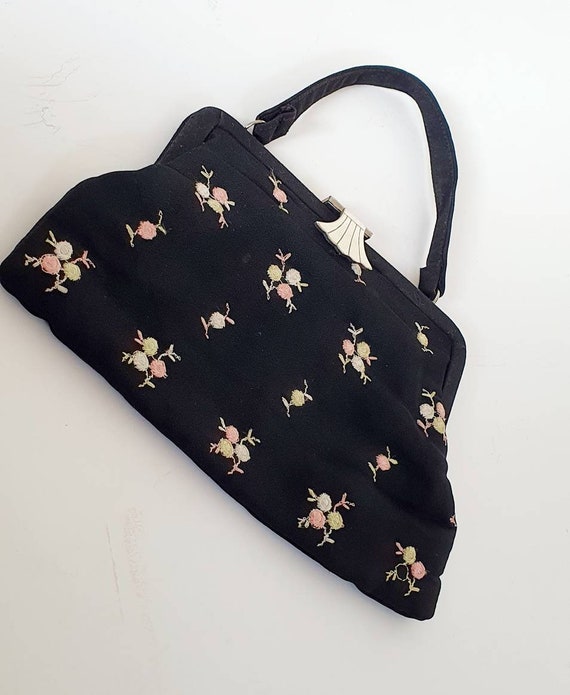 Vintage black floral evening bag, 1930's art deco… - image 7