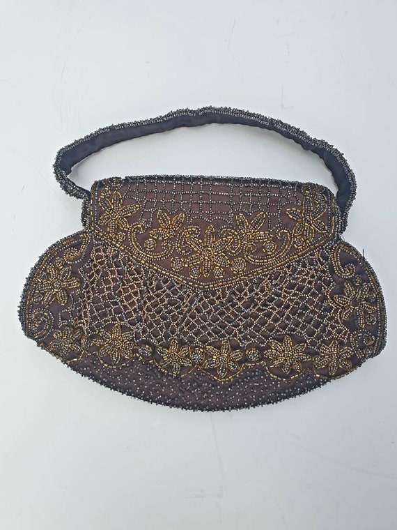 Vintage beaded Bag, French, 1940's, brown, bronze… - image 10