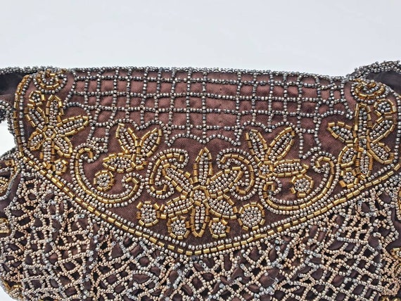 Vintage beaded Bag, French, 1940's, brown, bronze… - image 4