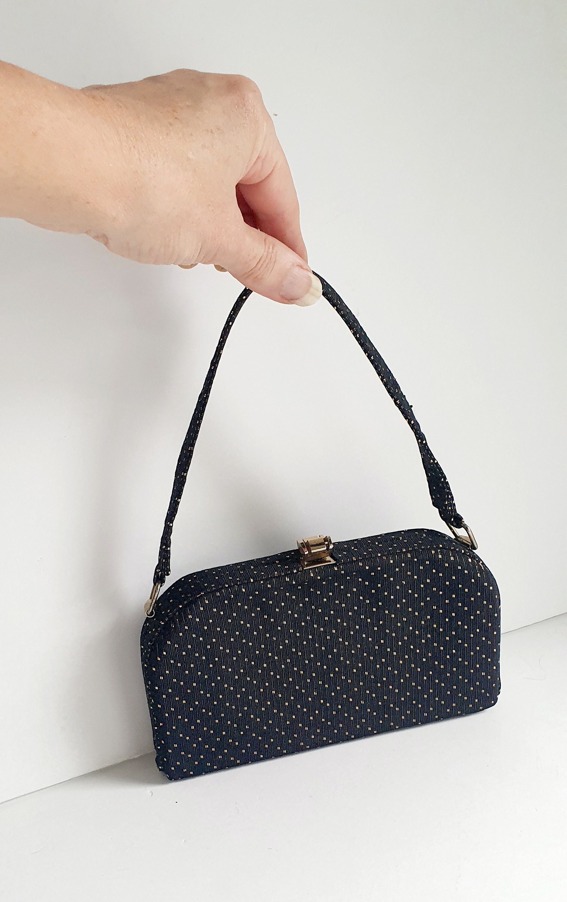 Vintage black and gold box bag, 1950's handbag, original mirror, fifties fashion,