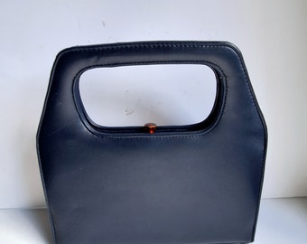 1960's, navy blue leather handbag, excellent condition, day bag, blue purse, sixties fashion
