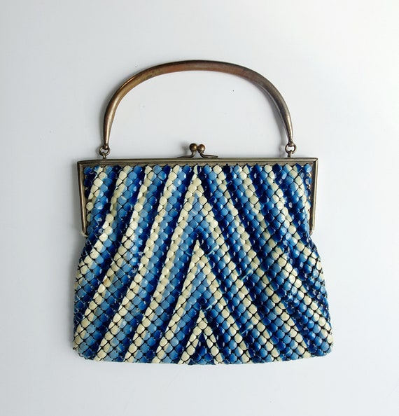 Art Deco vintage bag, blue and white enamel mesh,… - image 4