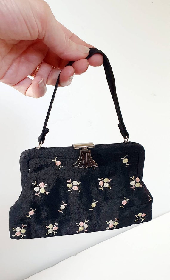 Vintage black floral evening bag, 1930's art deco… - image 2