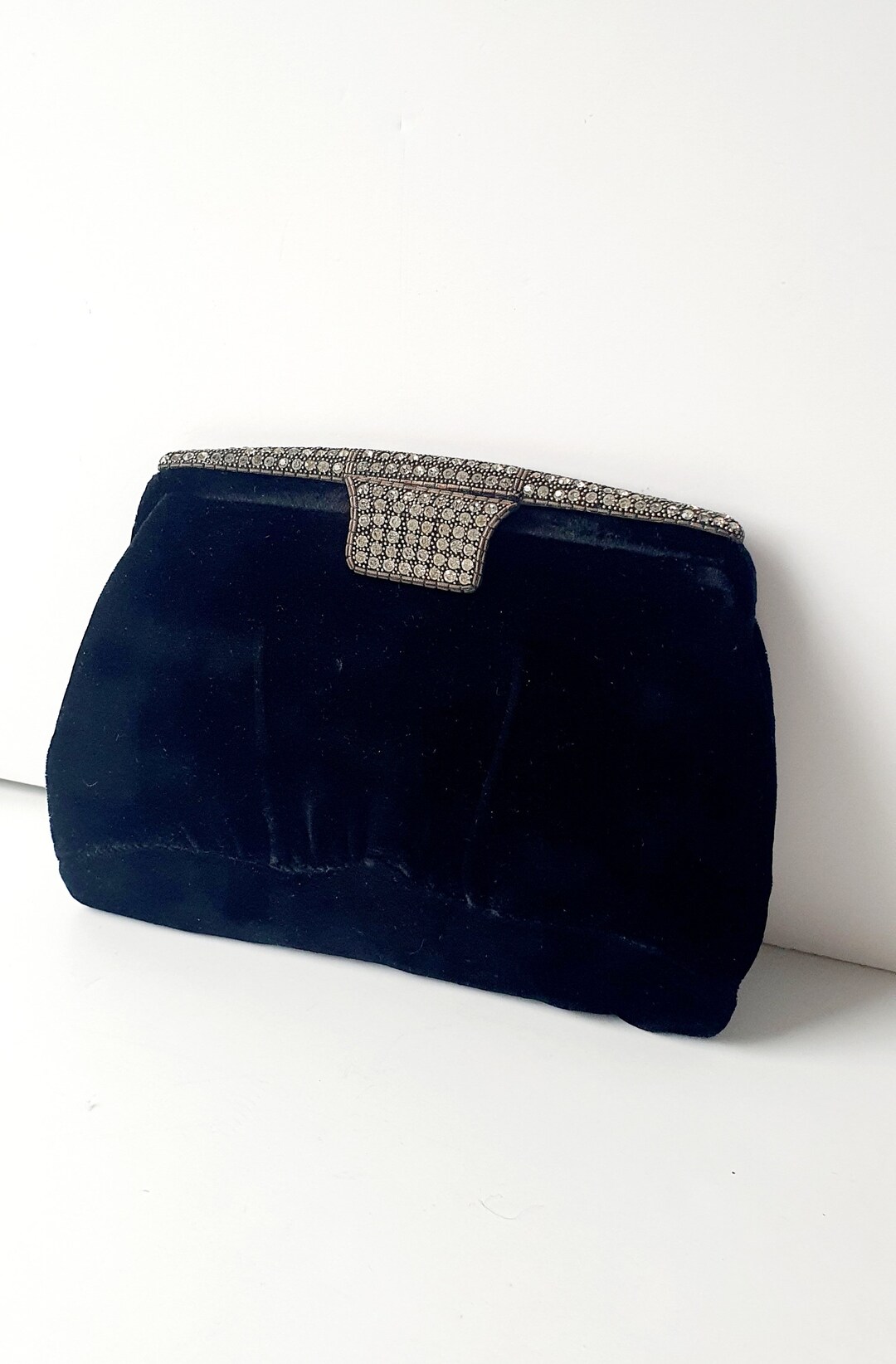 Thirties Vintage Clutch Bag, Black Velvet, Diamante Clasp and Frame