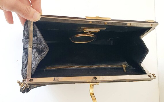 1930's black day bag, snakeskin, original mirror.… - image 10