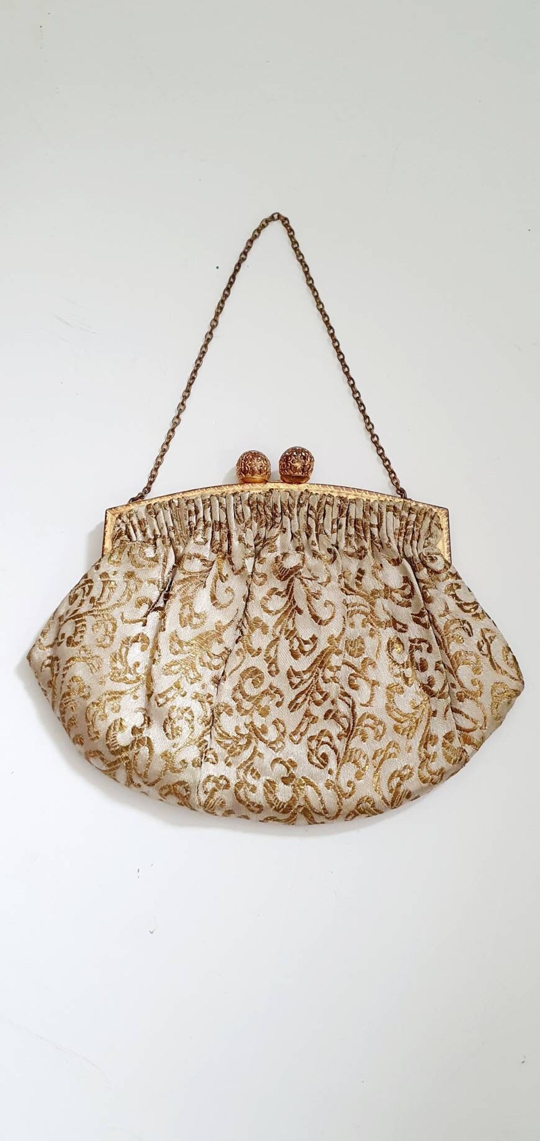 French Brocade and Faux Pearl Bag with Gold Plated Fittings For Sale at  1stDibs