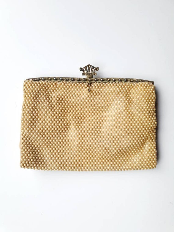 1920's faux pearl ivory beaded clutch bag, crown l