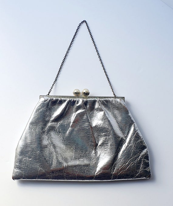 Vintage Silver Leather Bag 1930 s Faux Pearls Excellent Condition Original Mirror Etsy Ireland