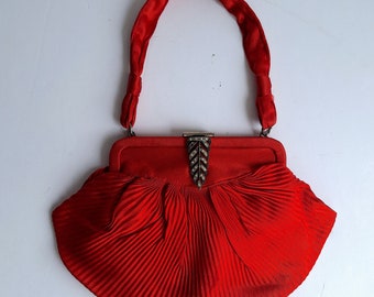 Vintage evening purse, 1930's, burnt orange satin, diamanté clasp, vintage bag