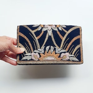 1930&#39;s bag, black velvet, Vintage bag, mirror, clutch bag, metallic embroidery