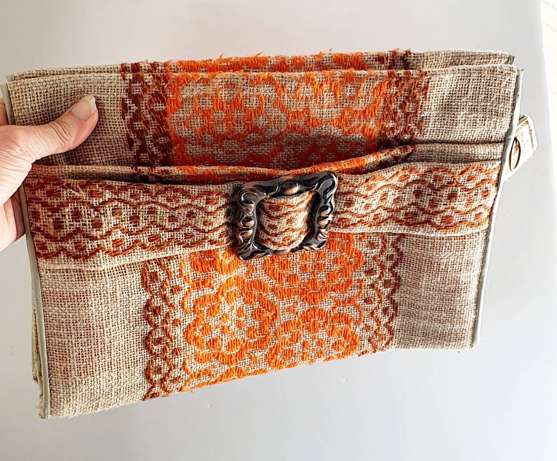 1970's Clutch Bag Hessian Fabric Orange and Brown Etsy UK