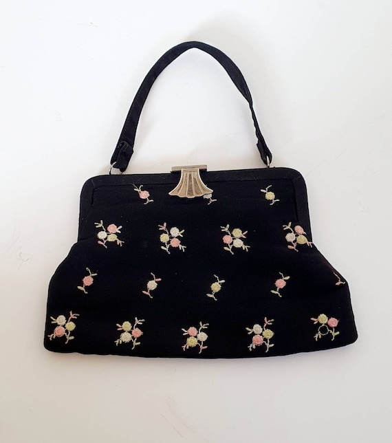 Vintage black floral evening bag, 1930's art deco… - image 1