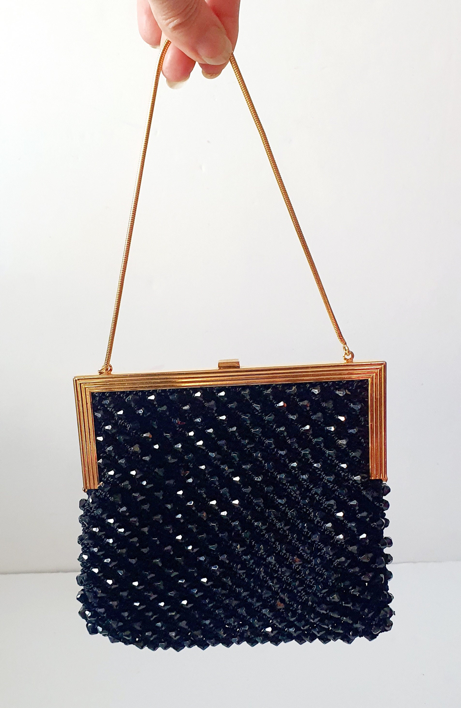 Sac à Main Perles Vintage Années 60 - Soirée, Bandoulière, Noir, Occasion Bon état