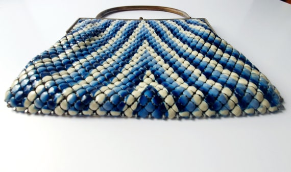 Art Deco vintage bag, blue and white enamel mesh,… - image 3