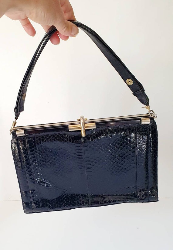 1930's black day bag, snakeskin, original mirror.… - image 1