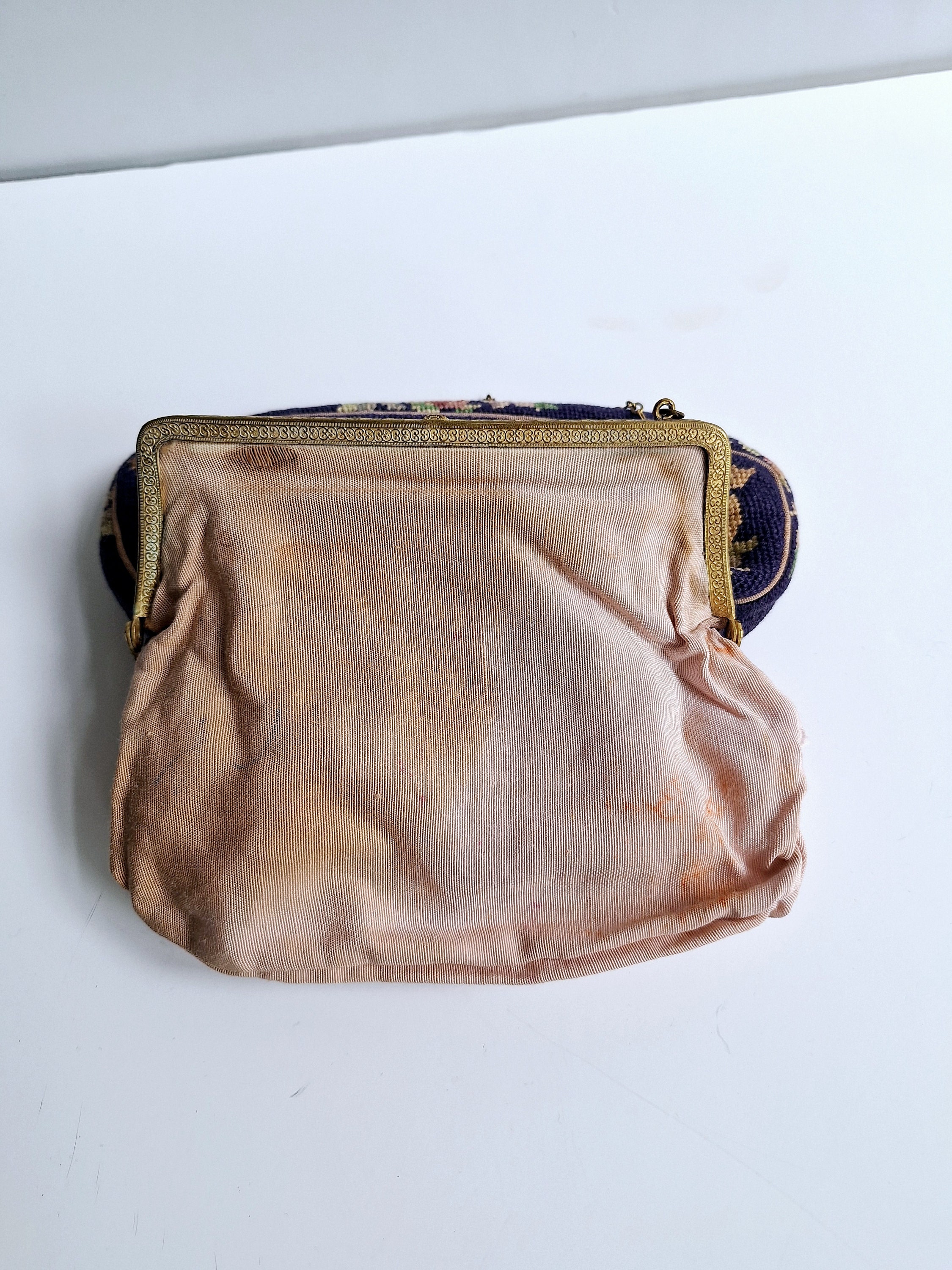 Antique Blue Bag, Vintage Purse, 1900-1910's Bag, Brass