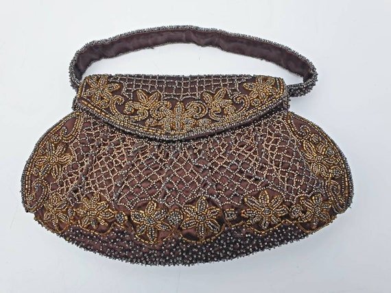 Vintage beaded Bag, French, 1940's, brown, bronze… - image 1