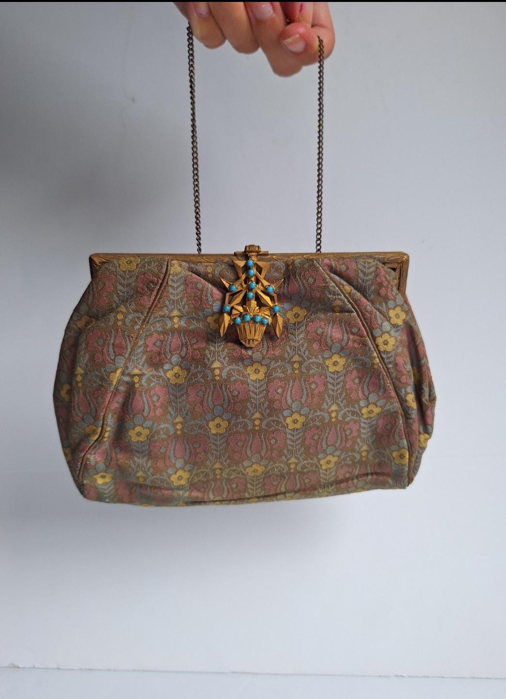 French art nouveau vintage evening bag, 1920's with floral pattern, statement gold and turquoise stone embellished clasp