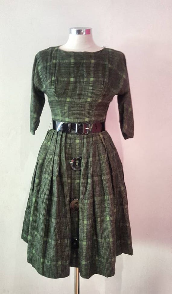 1950s Forest Green Wool Dress: Black Crosshatch, Vinyl Belt, Size 8 - Etsy  Norway