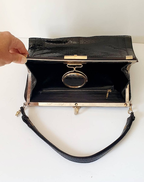 1930's black day bag, snakeskin, original mirror.… - image 3