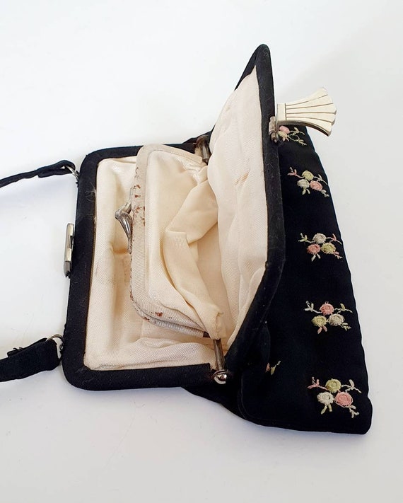 Vintage black floral evening bag, 1930's art deco… - image 4