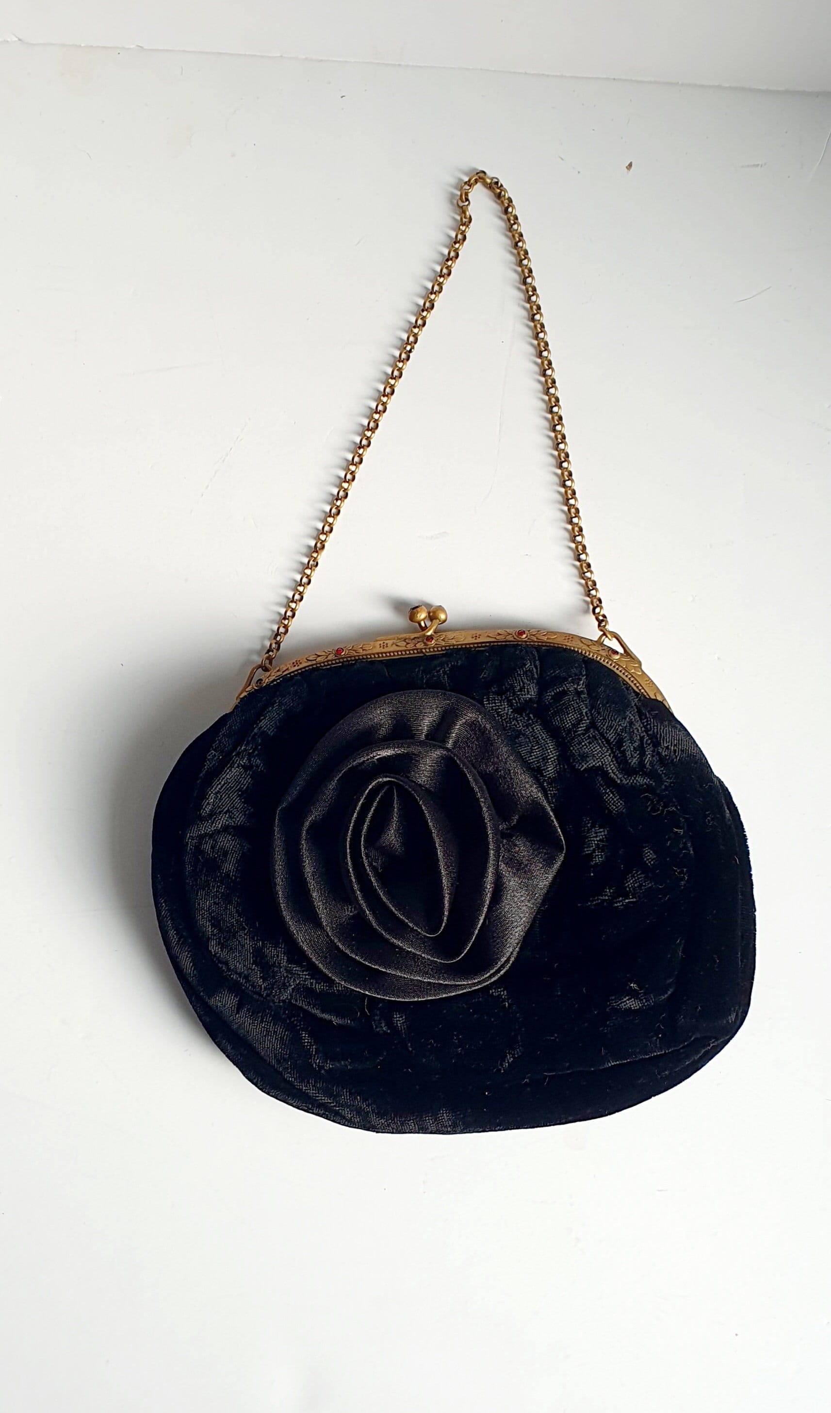 1920s Black Velvet Evening Bag Satin Rose Decoration 