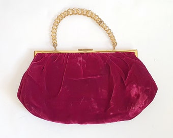 Burgundy velvet bag, 1950’s vintage bag, Gold Pfeil, large evening bag, fifties fashion