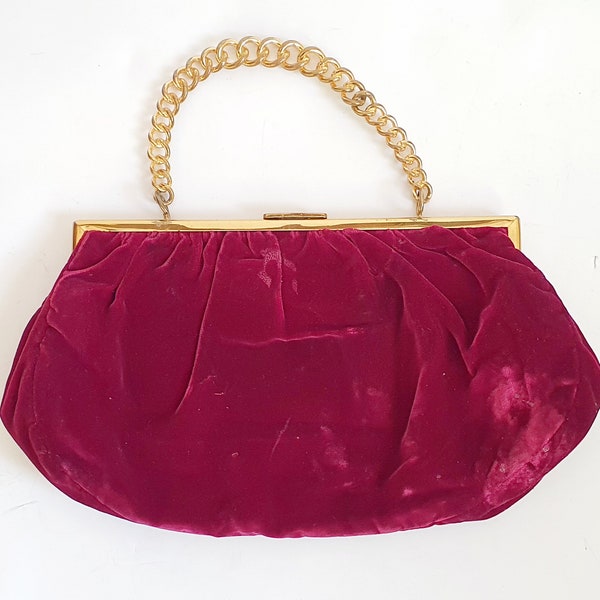 Burgundy velvet bag, 1950’s vintage bag, Gold Pfeil, large evening bag, fifties fashion